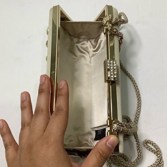 Kate Landry Gold Jeweled Clutch Satin Gold RN 58909 Two Chain Handles - Picture 13 of 14